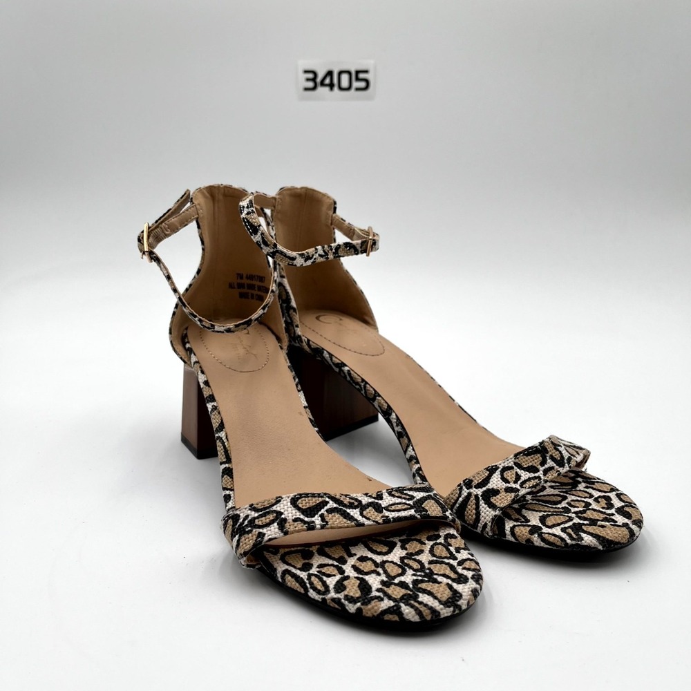 Comfort Women's 7M Strappy Brown Beige Leopard Print Ankle Strap Heeled Sandal